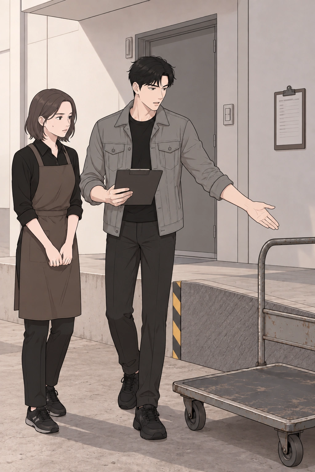 하역장 서비스 문 앞에 선 지우와 도윤.