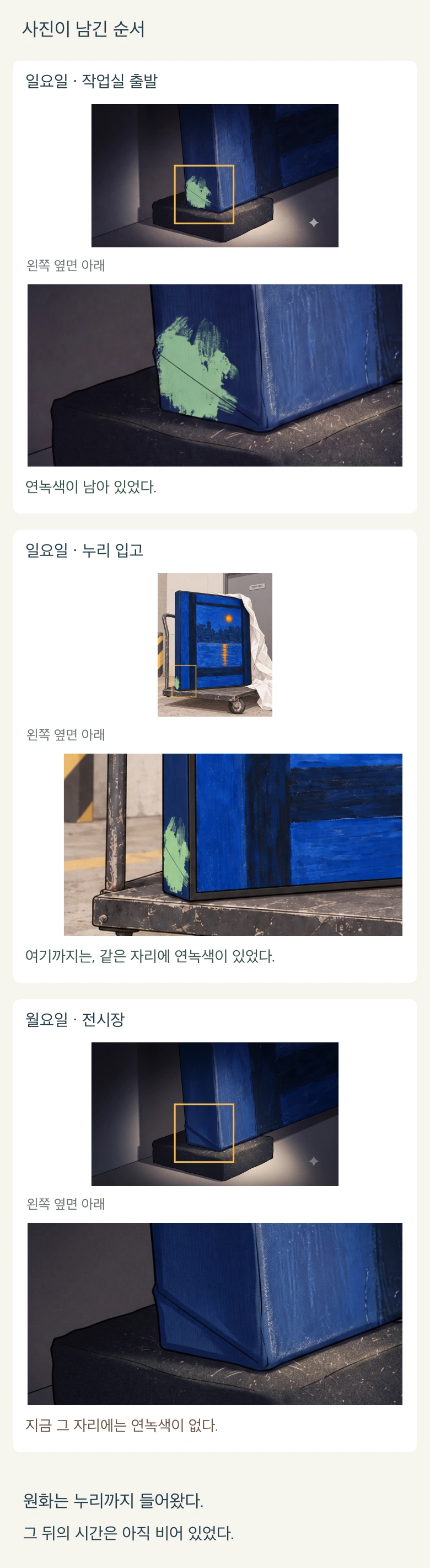일요일 작업실 출발, 누리 입고, 월요일 전시장 사진. 서로 다른 촬영 각도와 배율에서 왼쪽 옆면 아래를 확대해 비교한다.