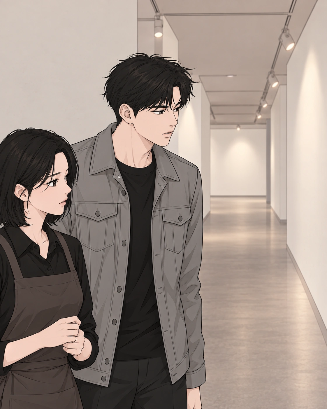 도윤이 하역장에서 전시실로 이어지는 복도를 바라본다.