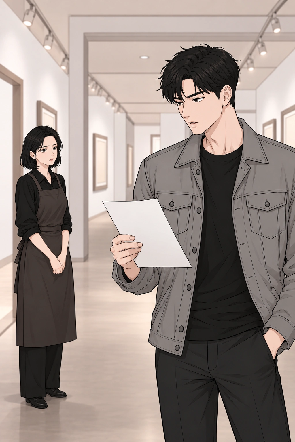도윤이 설치 상태 확인서를 들고 복도에 선다.
