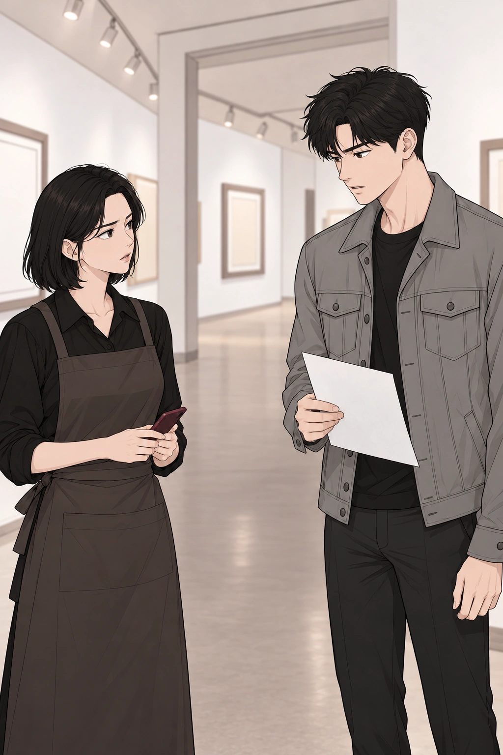 지우와 도윤이 복도에서 대화한다.