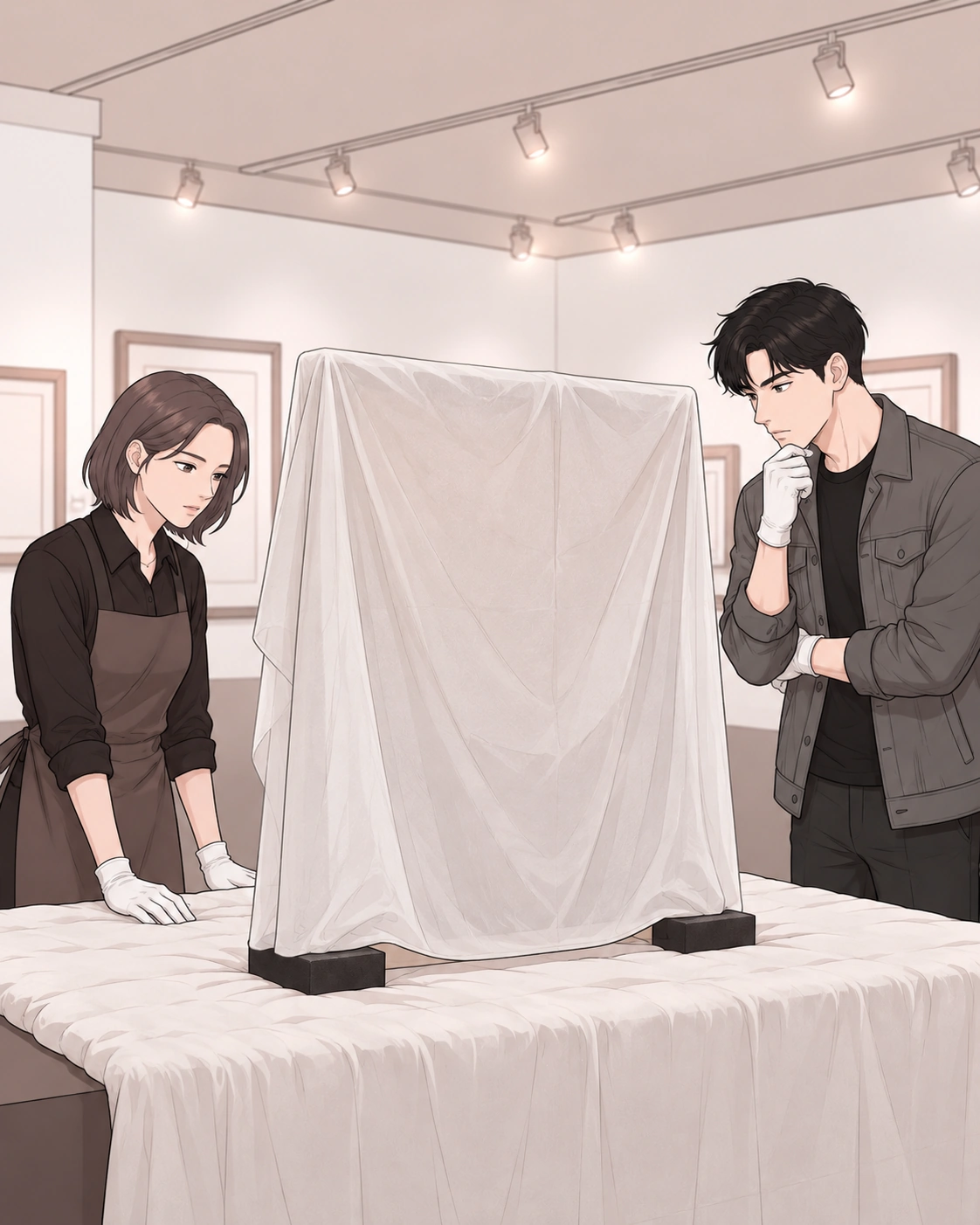 전시장에 흰 천을 깐 작업대와 받침 위 그림이 있다.