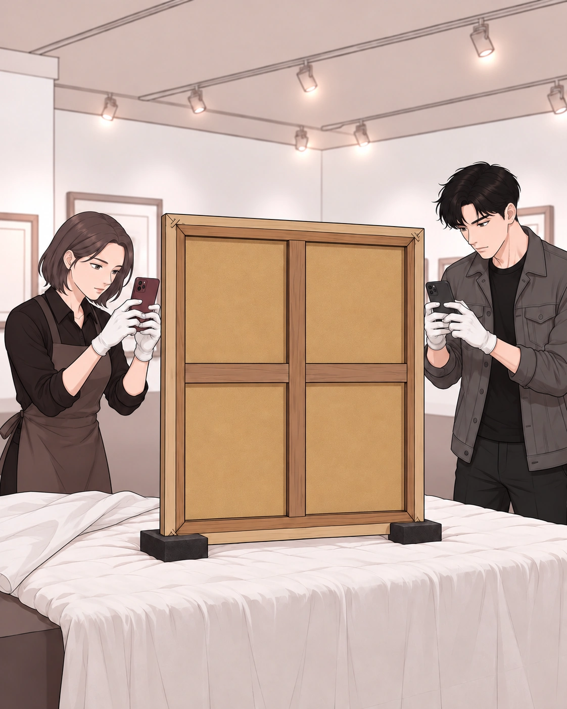 도윤이 받침 위 그림을 돌려 뒷면을 살핀다.