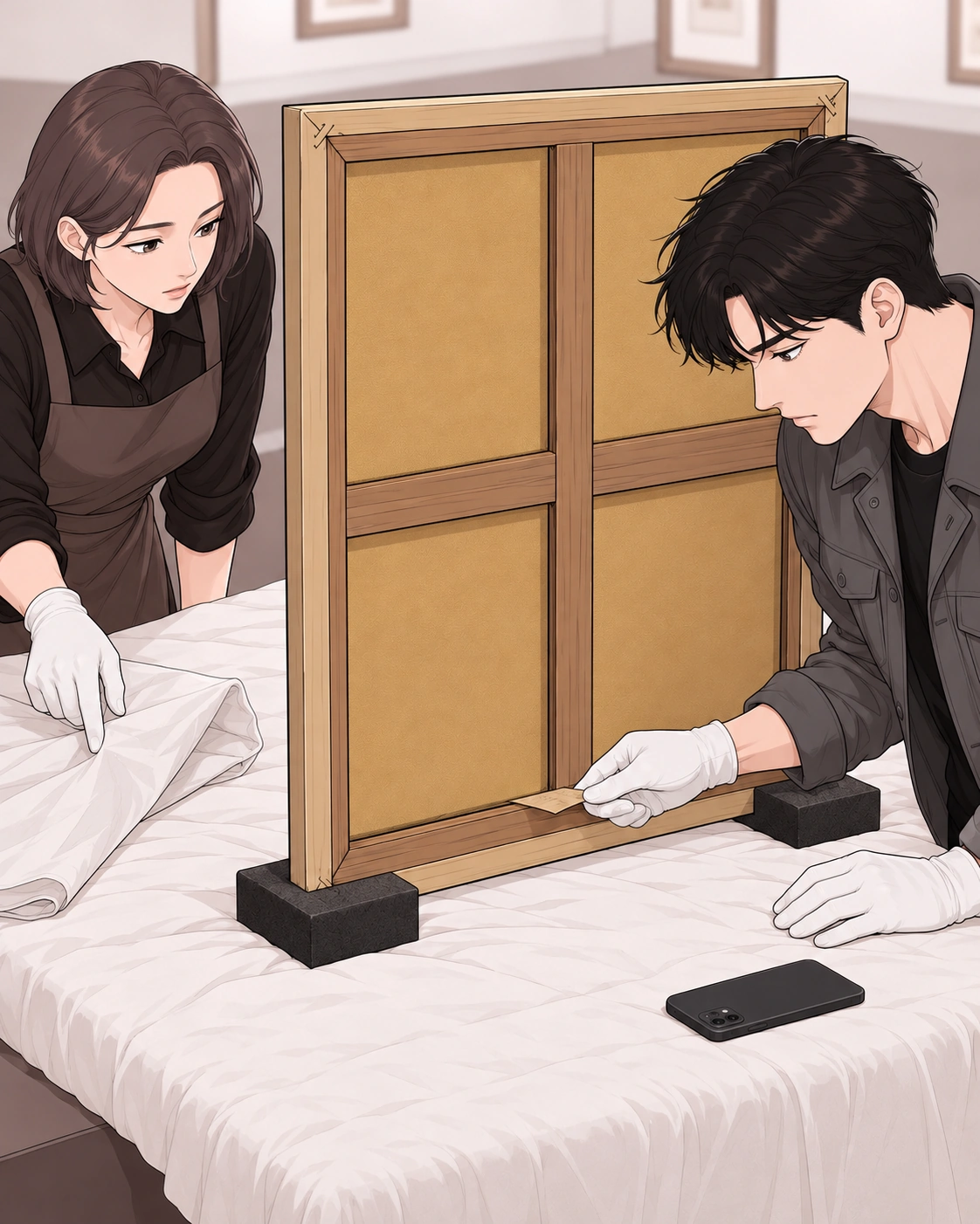 사진을 찍은 뒤 갈색 종이 끝을 조심스럽게 꺼낸다.
