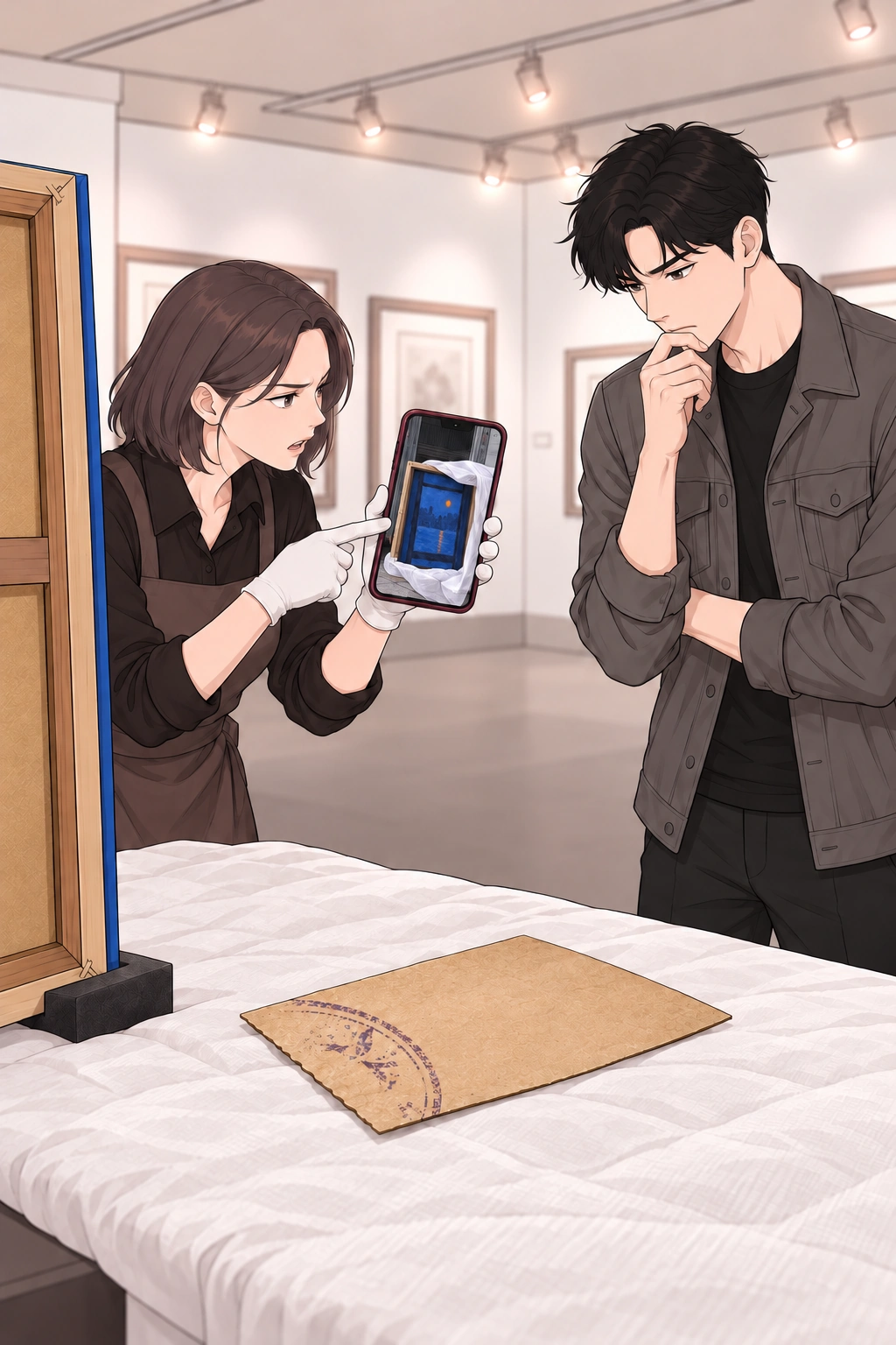 지우와 도윤이 입고 사진과 현재의 종이를 대조한다.