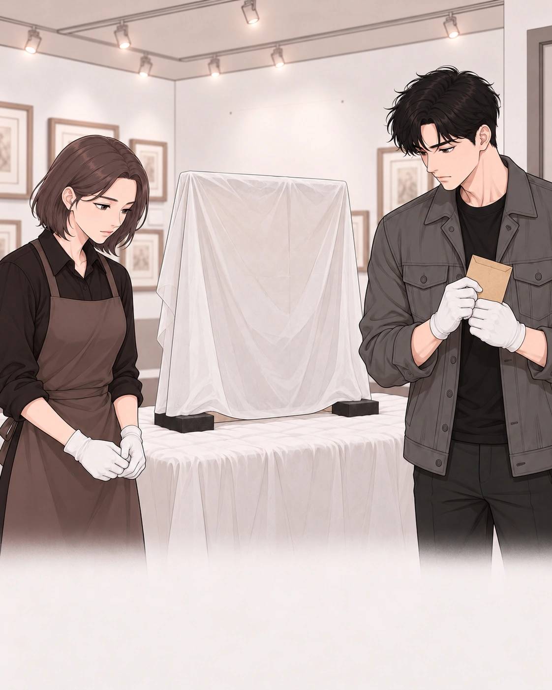 천을 덮어 보존한 그림과 잠근 전시실 문.
