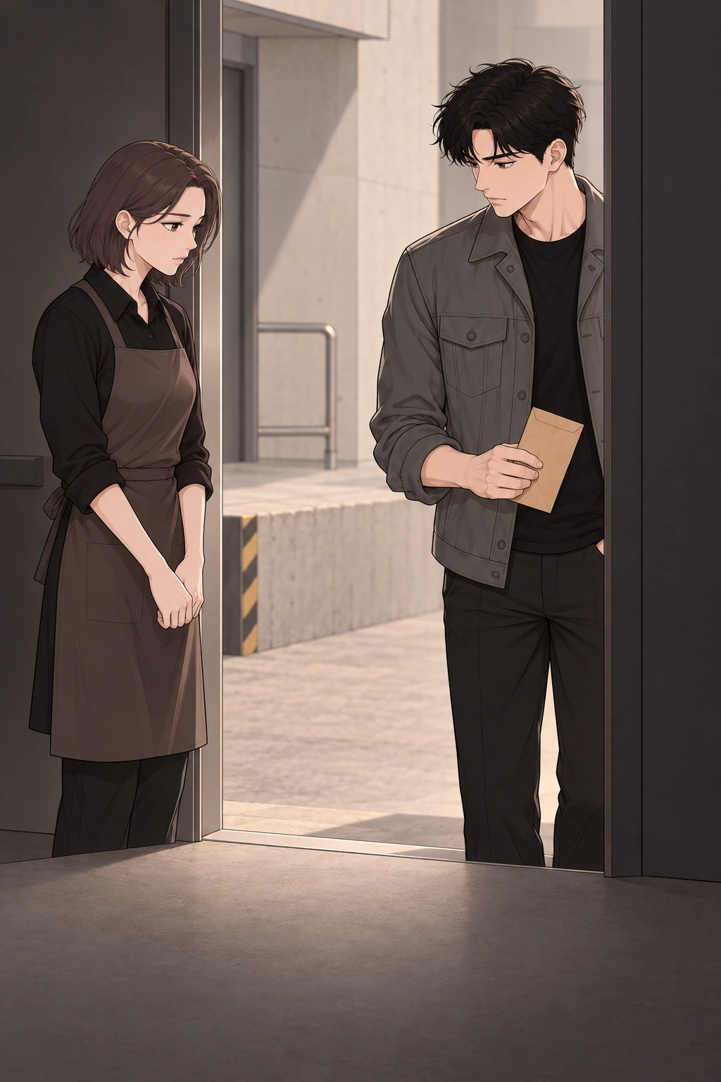 문 앞에서 지우와 봉투를 든 도윤이 다음 날의 일을 약속한다.