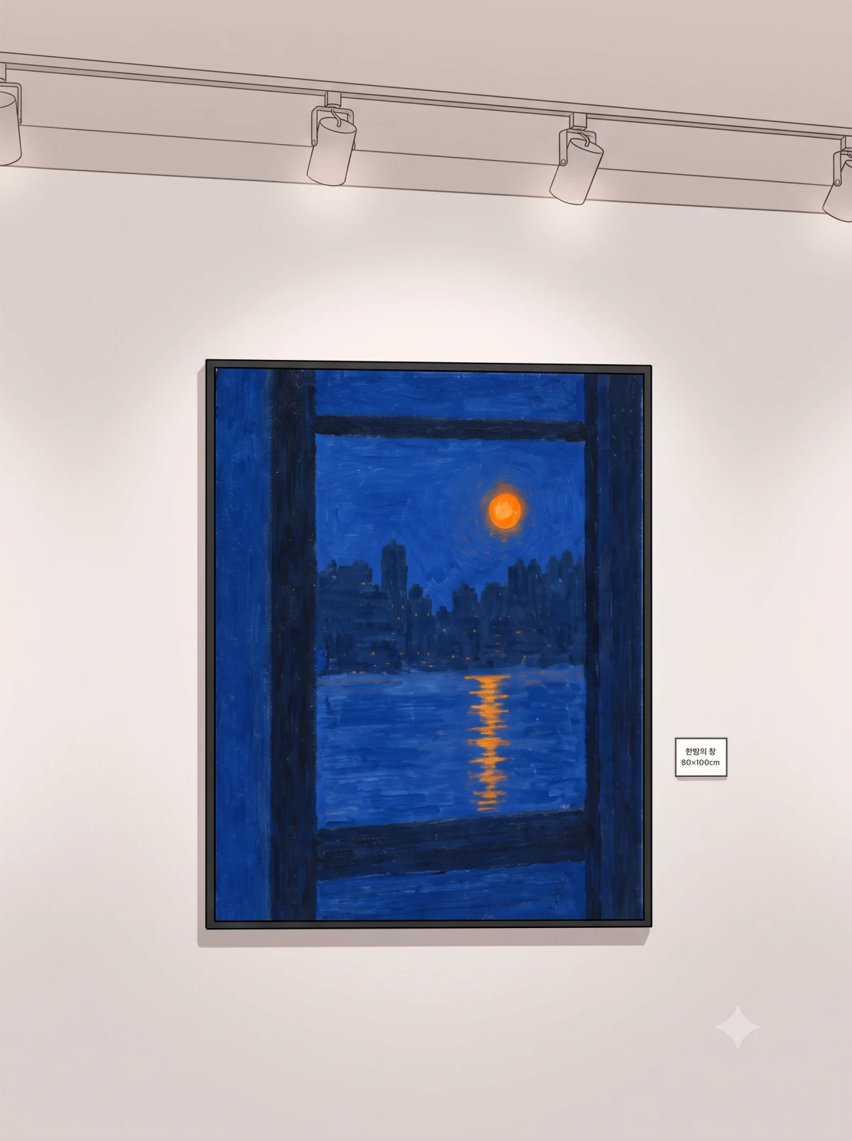푸른 창틀과 작은 주황빛 달, 강 위의 반사가 그려진 《한밤의 창》.