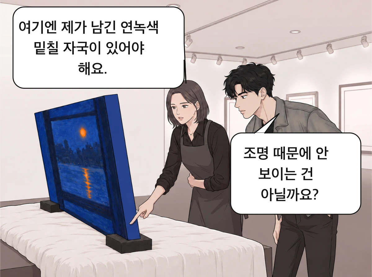 받침대 위 그림의 왼쪽 옆면 아래를 지우가 가리킨다.