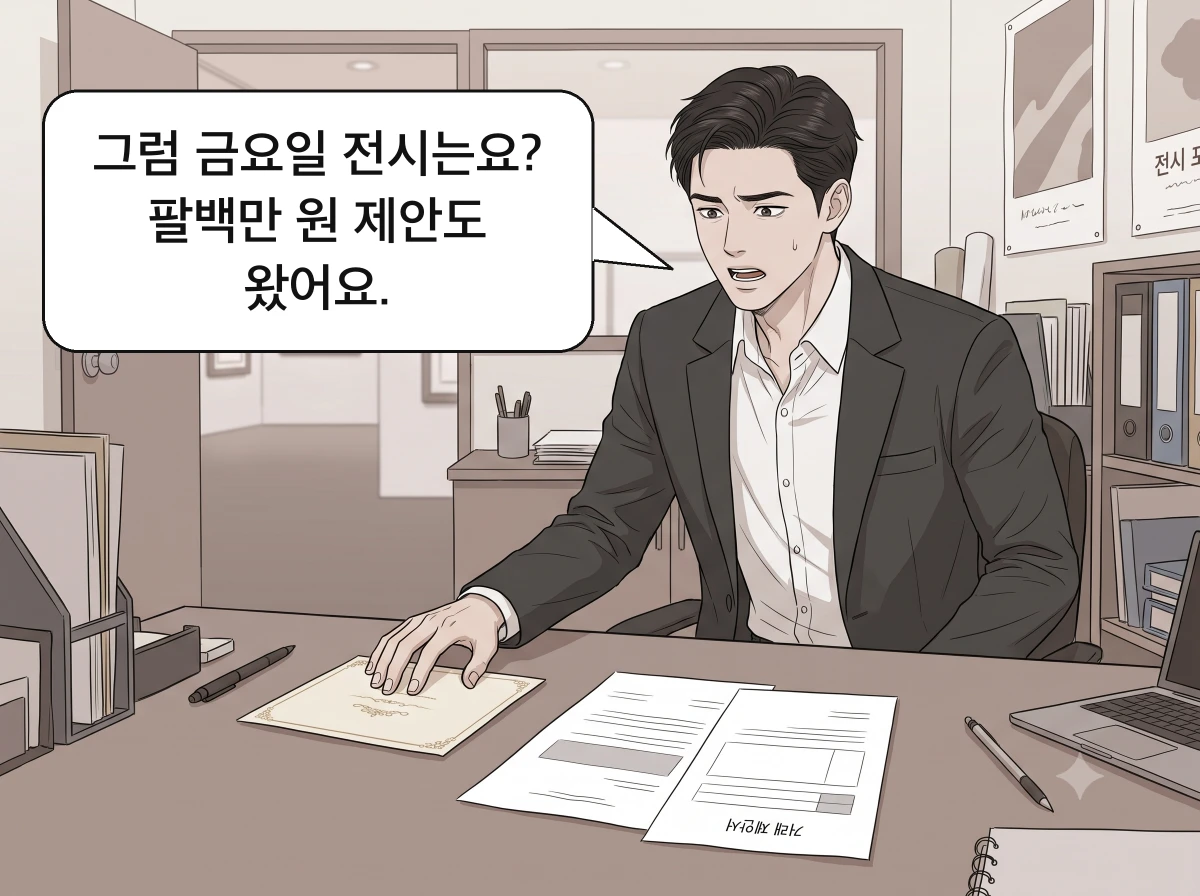 전시장 옆 사무실에서 민석이 개막 초대장과 거래 제안서를 앞에 두고 이야기한다.