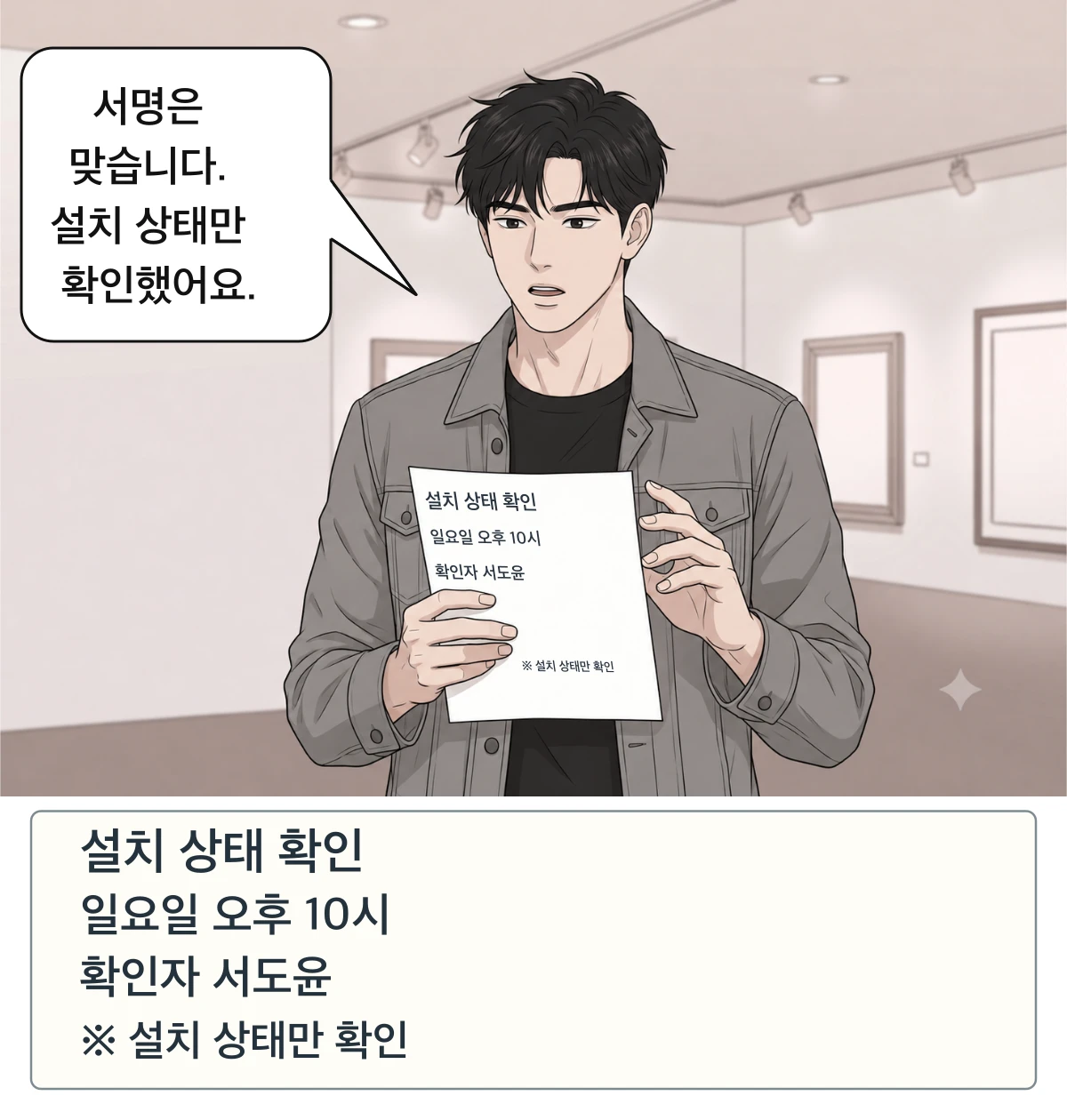 확인서의 서명을 살펴본 도윤이 자신의 서명임을 인정한다.