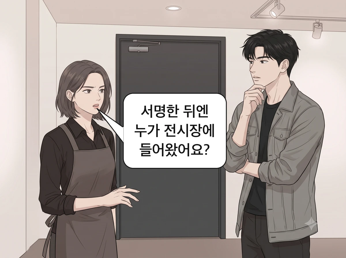 닫힌 서비스 문 앞에서 지우가 도윤에게 서명 이후의 출입을 묻는다.