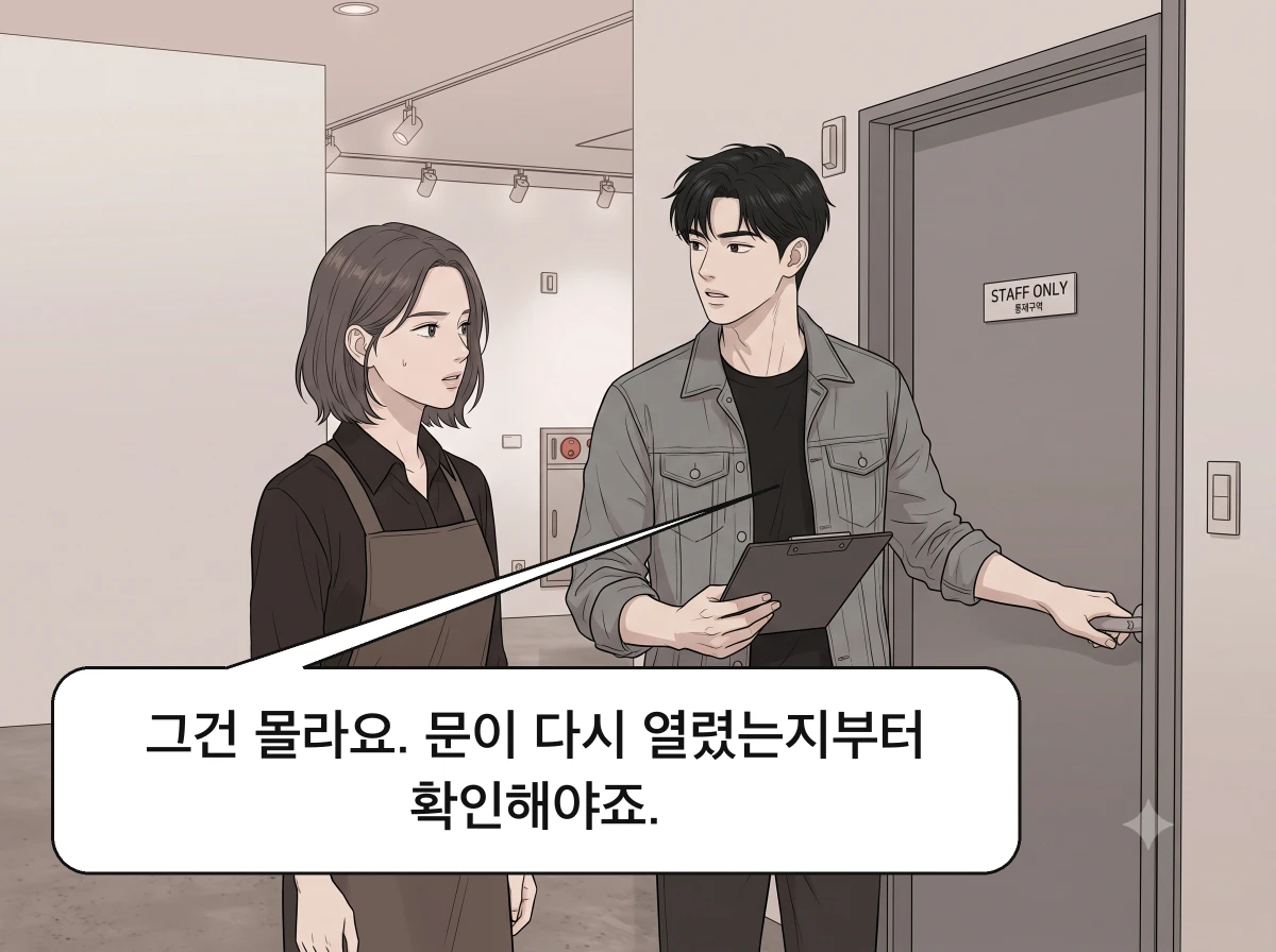도윤이 서비스 문과 출입 기록을 가리킨다.