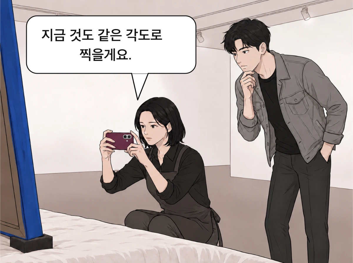 지우가 받침대 위 그림의 왼쪽 옆면을 휴대전화로 촬영한다.