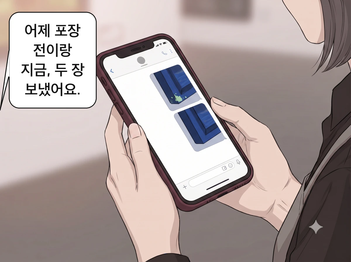 지우가 어제 포장 전 사진과 방금 찍은 사진 두 장을 도윤에게 보낸다.