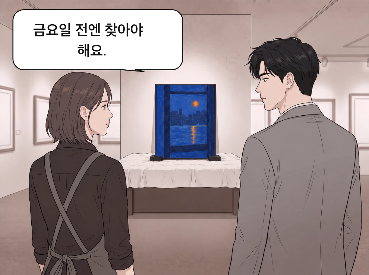 받침대 위 그림을 함께 바라보는 지우와 도윤.